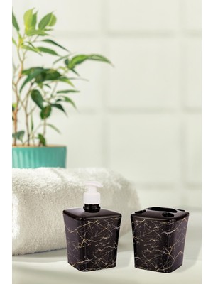 Feyza Design 2'li Siyah Mermer Desenli Banyo Seti, Sabunluk ve Diş Fırçalık