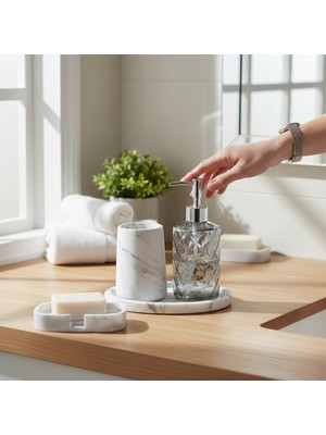 Feyza Design Beyaz-Gri Mermer Desenli 4'lü Taş ve Cam Banyo Seti, Sabunluklar
