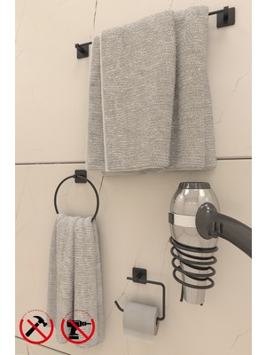 Feyza Design Pratik Siyah Banyo Aksesuar Seti 4 Parça: Havluluk, Tuvalet Kağıtlık, Fönlük