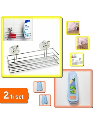 Feyza Design Çok Amaçlı Dörtgen Vantuzlu Banyo Organizasyonu ve Mavi Kapaklı Diş Fırçası Kutusu Seti