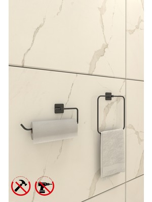 Feyza Design Siyah Yapışkanlı Banyo Seti 2'li Kare Havluluk ve Peçetelik, Kolay Montaj