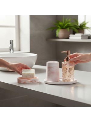 Feyza Design Beyaz Kahverengi Mermer Desenli 4'lü Taş ve Cam Banyo Seti, 18 cm