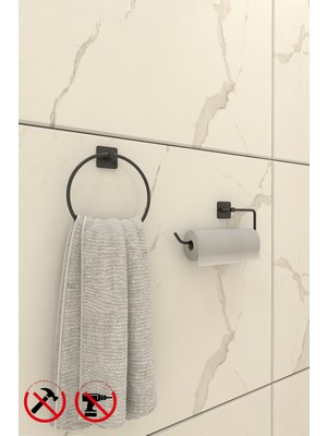 Feyza Design Siyah Yapışkanlı Banyo Seti 2'li Yuvarlak Havluluk ve Peçetelik