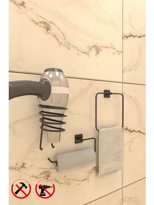 Feyza Design Siyah 3'lü Banyo Aksesuar Seti Kare Havluluk Peçetelik Fönlük Askısı