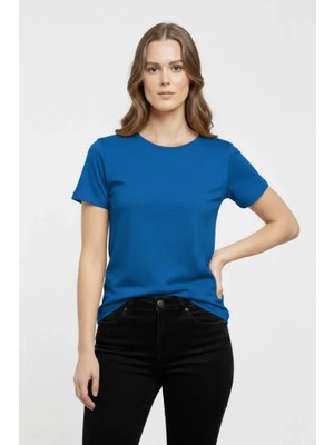 Buğrahayalin T-Shirt Bisiklet Yaka Slim Fit Likralı Tişört Günlük Basic Body - Indigo