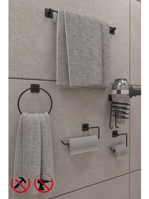 Feyza Design Siyah 5 Parça Banyo Seti: Havluluk, Tuvalet Kağıtlık ve Fönlükler
