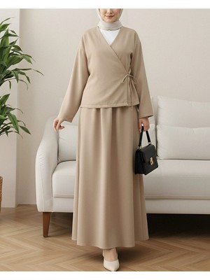 Modamorfo Önü Bağcıklı Etekli Yün Efekt Kışlık Takım -Vizon