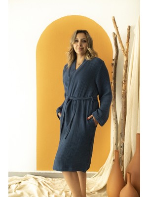 Mia Mina Home & Baby 4 Kat Müslin Kimono Model Lacivert Renk Bornoz / Sabahlık