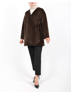 Modamorfo Yandan Bağlamalı Kürklü Ceket   -Toprak
