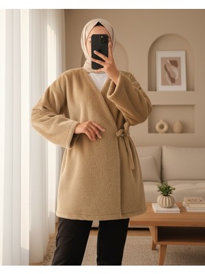 Modamorfo Yandan Bağlamalı Kürklü Ceket   -Vizon