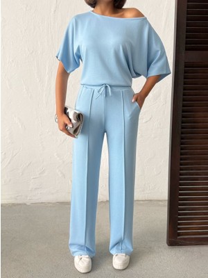 Serac Collection Kadın Isa Kollu Kayık Yaka Bluz ve Pantolon Misal Kumaş Ikili Takım