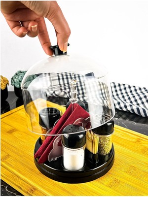 Feyza Design Şeffaf Fanus Kapaklı Peçetelik ve Baharatlık Dörtlü Seti