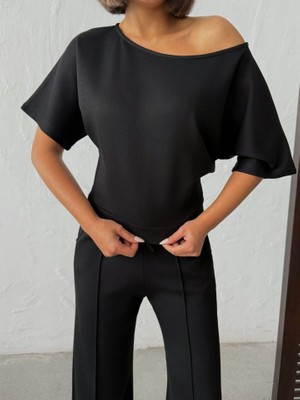 Kendim Fashion Kadın Isa Kollu Kayık Yaka Bluz ve Pantolon Misal Kumaş Ikili Takım