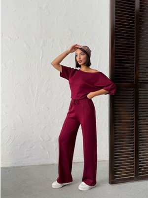 Nidam Butik Kadın Isa Kollu Kayık Yaka Bluz ve Pantolon Misal Kumaş Ikili Takım