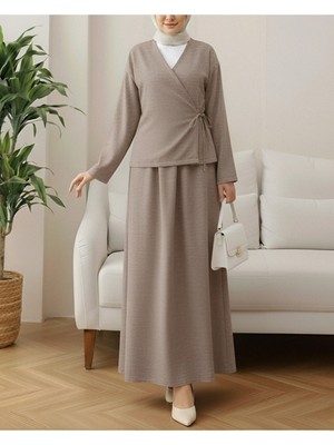 Modamorfo Önü Bağcıklı Yün Efekt Kışlık Takım -Toprak