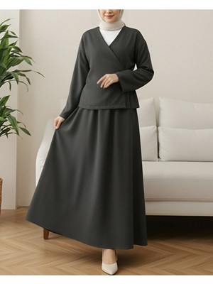 Modamorfo Önü Bağcıklı Etekli Yün Efekt Kışlık -Antrasit