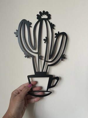 Fincanda Kaktüs Ahşap Tasarım Duvar Dekor 30 cm - Siyah - Ahşap