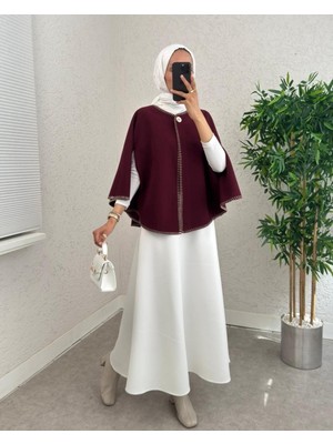 Moda Morfo Çoban Dikişli Cepli Kaşe Panço -Mürdüm