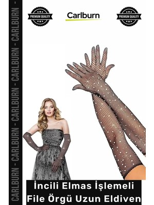 Carlburn #eldiven Şık Iddialı Zarif Likralı Uzun Siyah Renk Incili Elmas Işlemeli File Örgü Uzun Eldiven