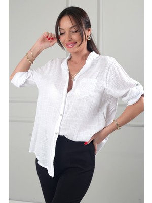 By Saygı Kadın Pul Detaylı Tek Cepli Oversize Ithal Keten Gömlek