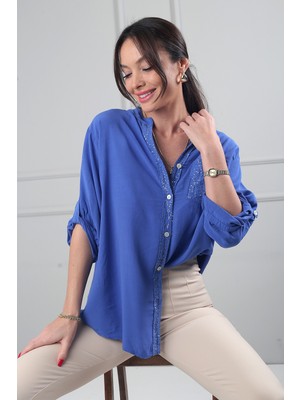 By Saygı Kadın Pul Detaylı Tek Cepli Oversize Ithal Keten Gömlek