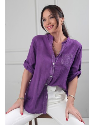 By Saygı Kadın Pul Detaylı Tek Cepli Oversize Ithal Keten Gömlek