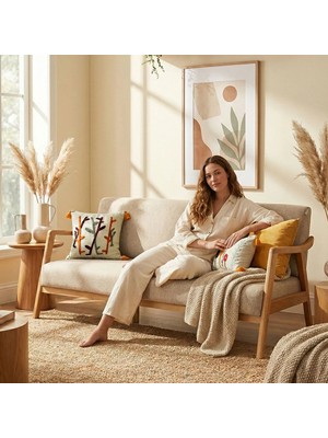 Sevilla Bohem Üçlü Kanepe Natürel Ahşap, Sütlü Kahve