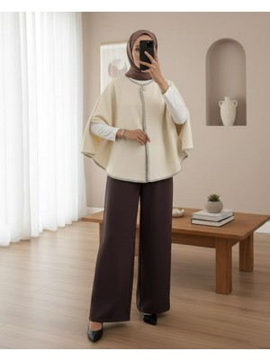 Moda Morfo Çoban Dikişli Cepli Kaşe Panço -Bej