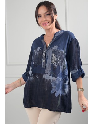 By Saygı Kadın Önü Yarım Düğmeli Pul Detaylı Tek Cepli Oversize Ithal Keten Gömlek