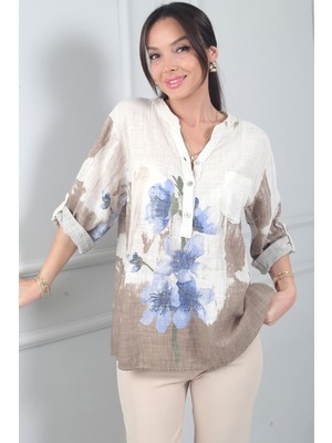 By Saygı Kadın Önü Yarım Düğmeli Pul Detaylı Tek Cepli Oversize Ithal Keten Gömlek