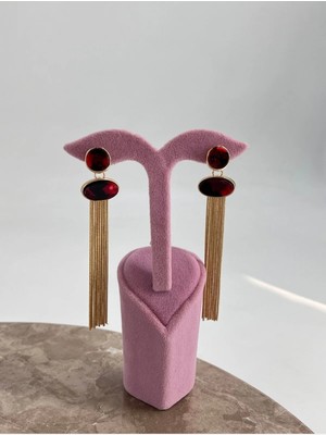 Cadde Dükkanı Doğal Taş Desenli Püsküllü Premium Çelik Küpe Kırmızı