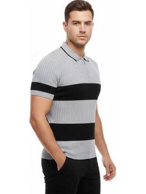 Erkek T-Shirt Çizgili Triko Dokuma Kumaş Polo Yaka Yarım Fermuarlı Regular Kalıp Tişört - Gri
