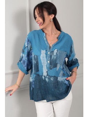 By Saygı Kadın Önü Yarım Düğmeli Pul Detaylı Tek Cepli Oversize Ithal Keten Gömlek