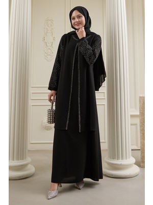 inStyle Nakışlı Kapak Detay Siyah Ferace