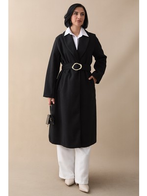 inStyle Şal Yaka Astarsız Gold Kemerli Siyah Kaşe Kaban