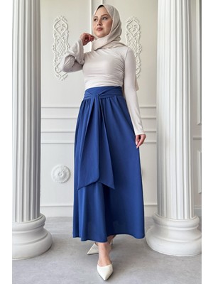 inStyle Pileli Kuşak Detay Saks Mavisi Etek