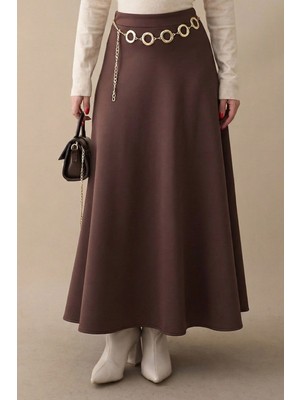 inStyle Kloş Beli Lastikli Scuba Acı Kahve Etek