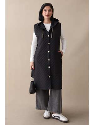 inStyle Kapüşonlu Gold Zincir Siyah Kapitone Yelek