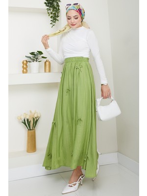 inStyle Fiyonk Detay Beli Lastikli Fıstık Yeşili Etek