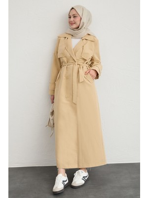 inStyle Çift Kapaklı Kuşaklı Bej Trençkot