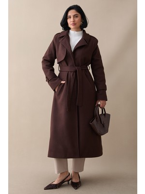 inStyle Tek Kapaklı Cepli Kuşaklı Acı Kahve Kaşe Kaban