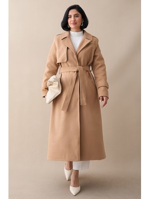 inStyle Tek Kapaklı Cepli Kuşaklı Camel Kaşe Kaban