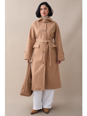 inStyle Yakası Apoletli Kapak Cep Camel Kaşe Kaban