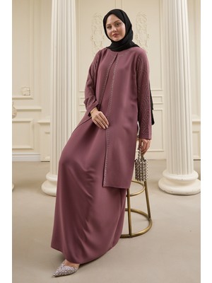 inStyle Nakışlı Kapak Detay Gül Kurusu Ferace