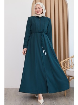 inStyle Sivya Yakası Düğme Kuşağı Örmeli Zümrüt Yeşili Ferace
