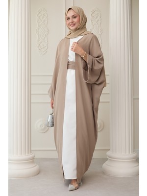 inStyle Dökümlü Taşlı Elbiseli Bej Abaya