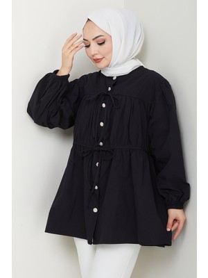 inStyle Taş Düğmeli Büzgülü Siyah Gömlek