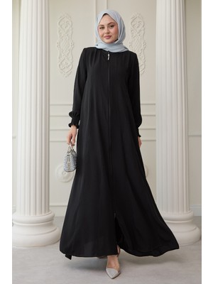 inStyle Kolu Büzgülü Boydan Biyeli Siyah Ferace