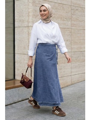 inStyle Bağlama Detay Kloş Mavi Kot Etek