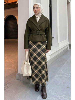 inStyle Ekose Desenli Haki Saten Etek